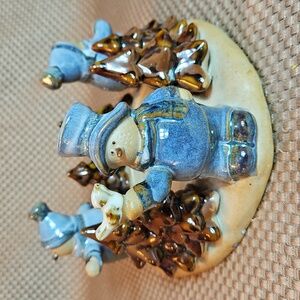 Vintage Pottery Style Candle Holder Glazed Snowmen Bird Trees Christmas Winter